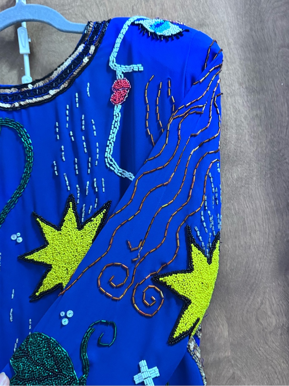 Vintage Ornate Pop Art Embellished Royal Blue Dress w/Beaded Appliqués - Picture 8 of 16